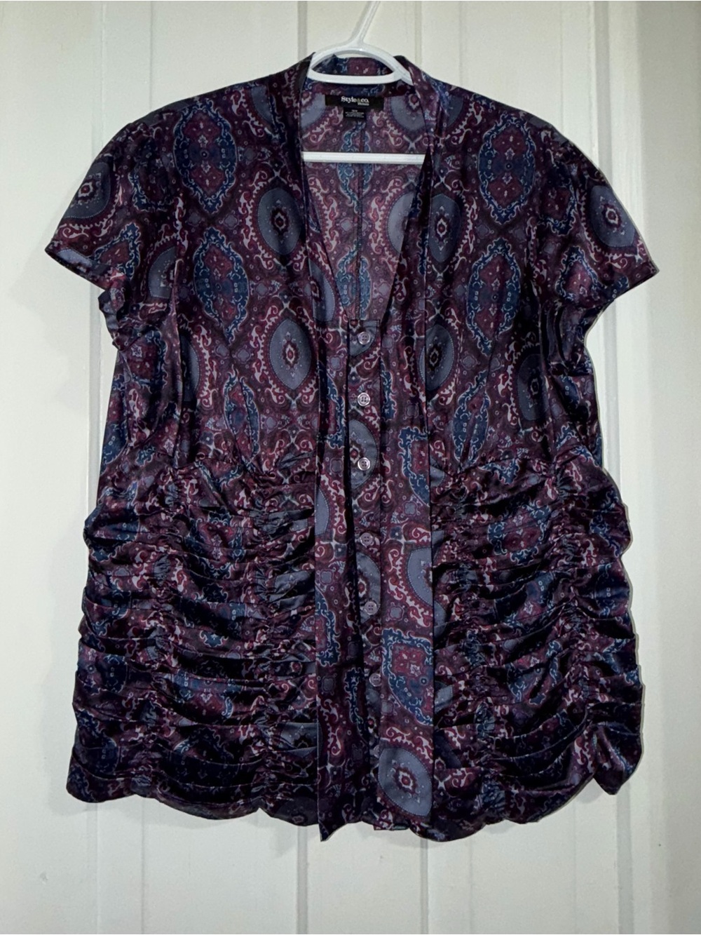 Women's plus size 16w shirt Style & Co. Purple Short Sleeve Ruched Blouse satin